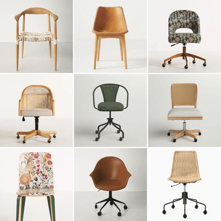image collage of 9 boho desk chairs