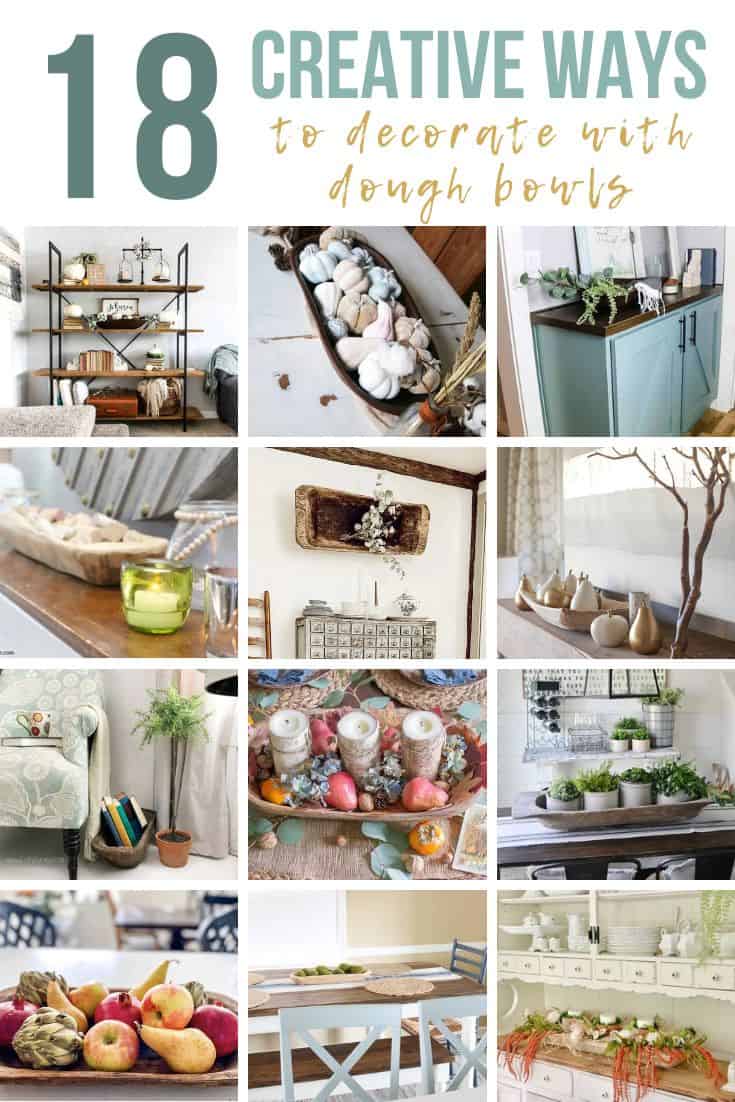 image collage of 12 dough bowl decor ideas with text overlay 