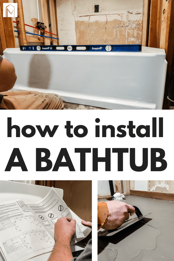 Image collage of installing a bathtub with text overlay 