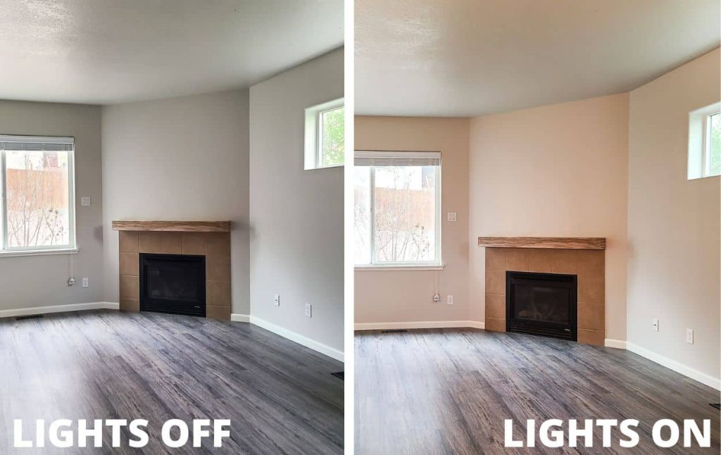 Paint colors change dramatically with the lights on and lights off. Don't forget to look at your paint samples with both the lights on and the lights off before making a decision. I love this living room painted with BEHR mineral, it looks great with the lights on or off.