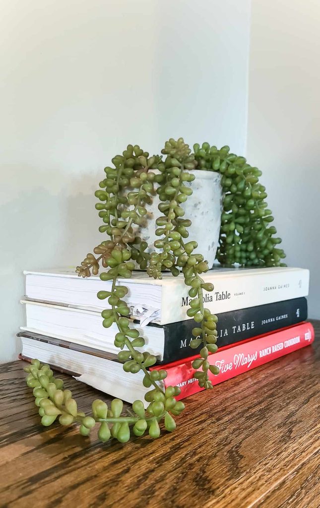 finish product of a DIY trash can cabinet with book on top