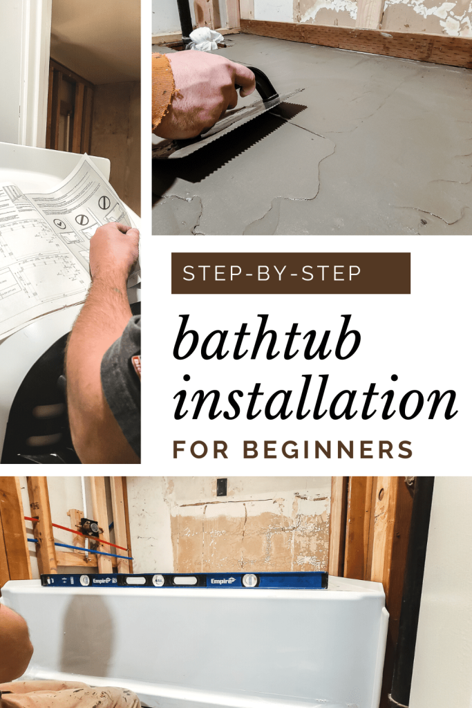 Image collage of steps to install a bathtub with text overlay 