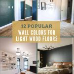 Image collage of 4 rooms with paint colors for light wood floors with text overlay " 12 popular wall colors for light wood floors"