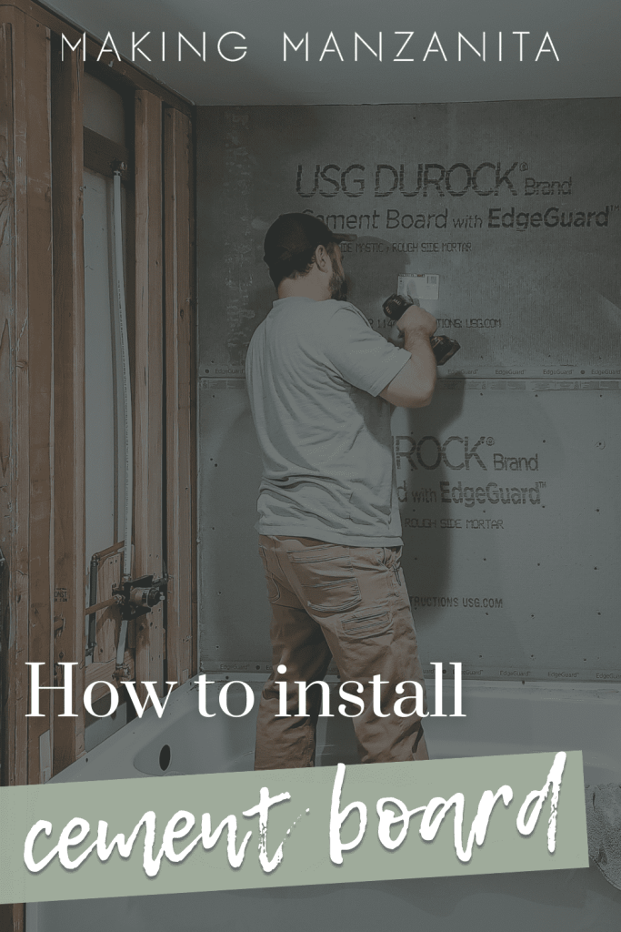 Man installing Durock cement board on the wall behind the bathtub with text overlay "How to install cement board