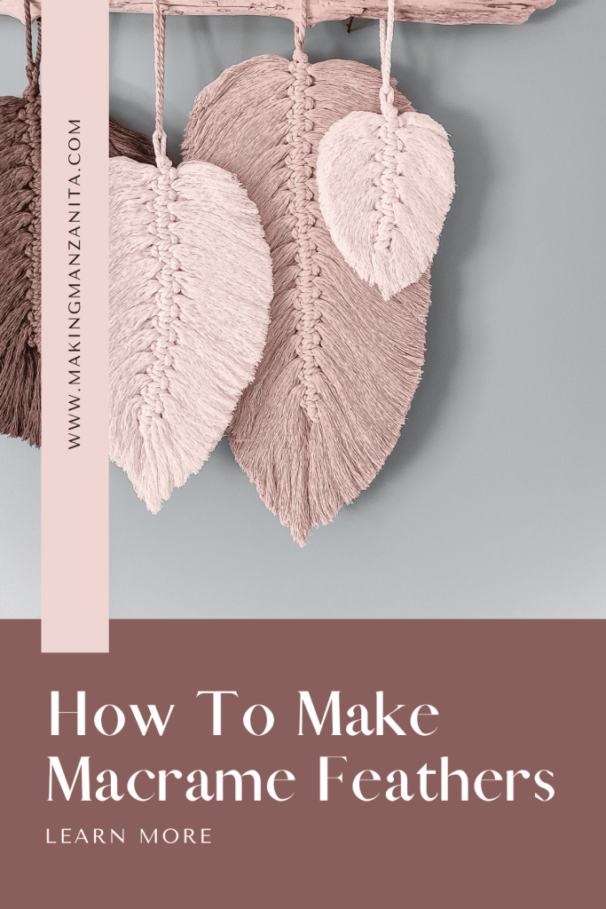 Close up of pink macrame feathers with text overlay 