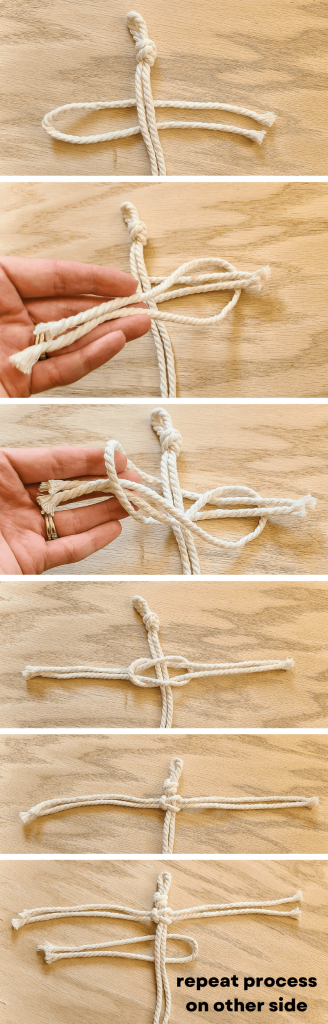Image collage of the steps to tying the macrame cord to the base cord to create a macrame feather