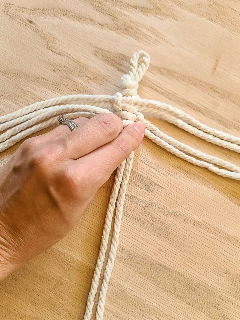 Close up of in process two square knots made for the macrame feather