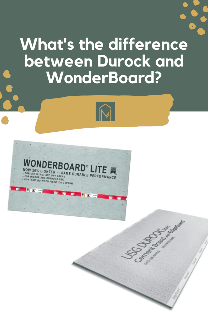 Images of Wonderboard lite and USG Durock cement board with text overlay " What's the difference between Durock and Wonderboard"