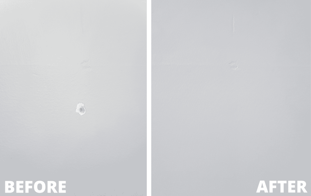 Two side-by-side images show a closeup look at a small hole in a gray wall, and a second image of the same area with the hole patched up.