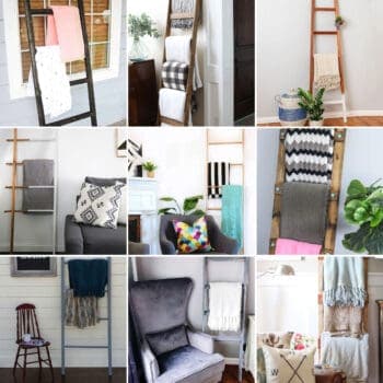 Image collage of nine DIY blanket ladders