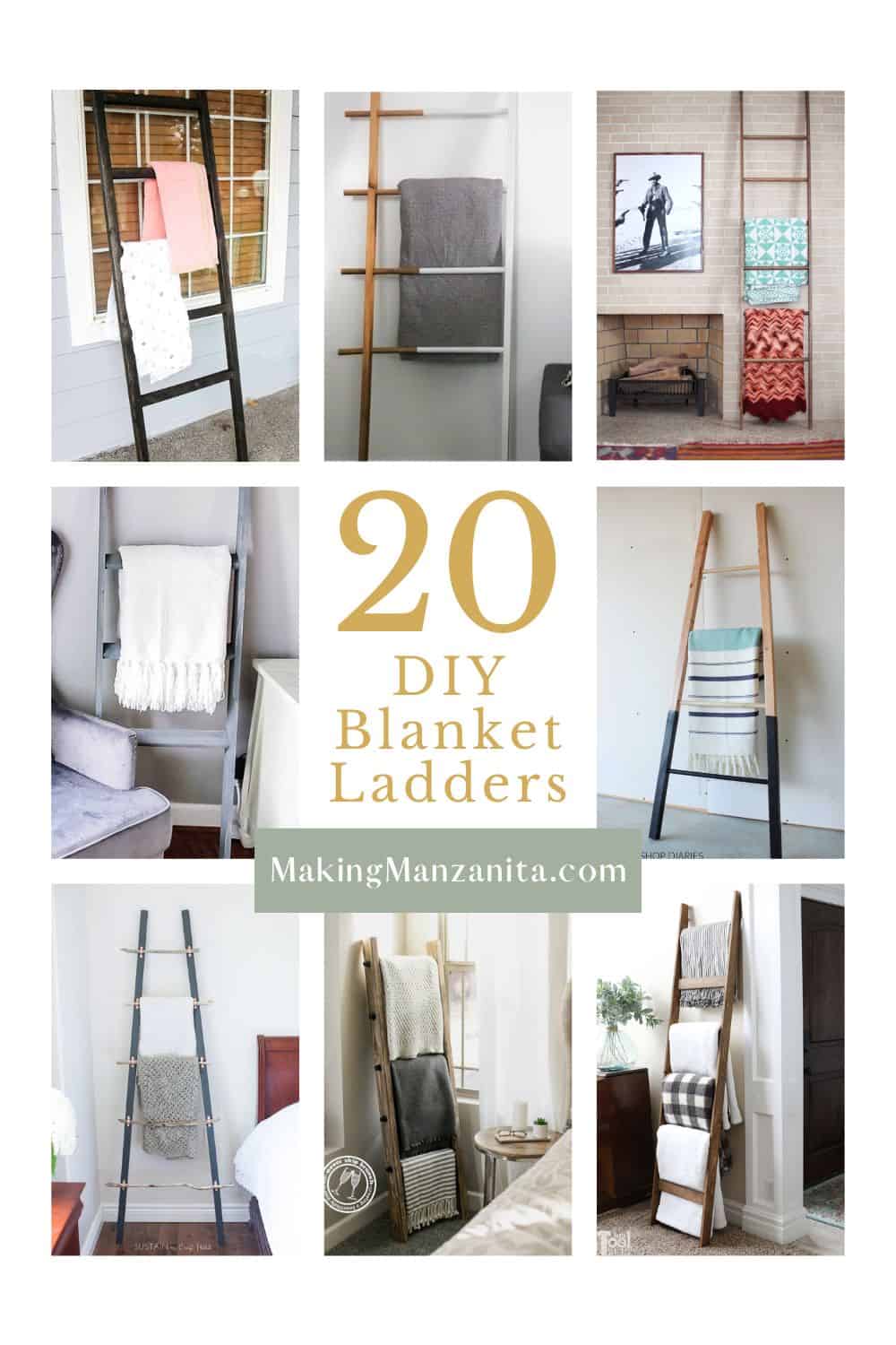 Image collage of eight DIY blanket ladders with text overlay