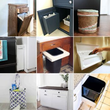 Image collage of nine DIY trash cans for any room in the house.