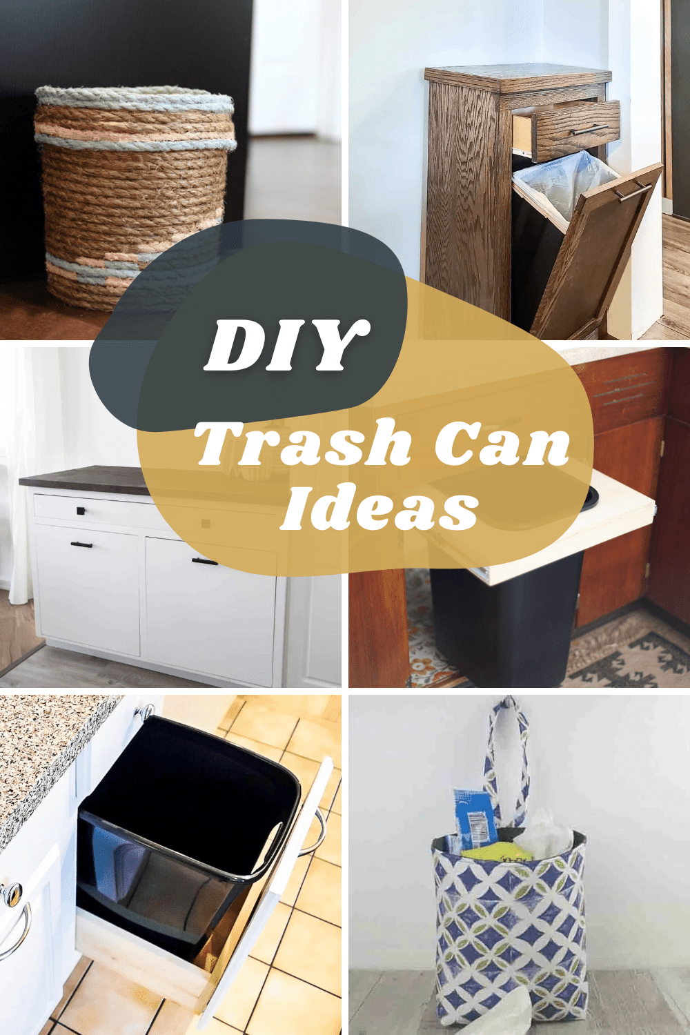 image collage of six DIY trash cans with text overlay