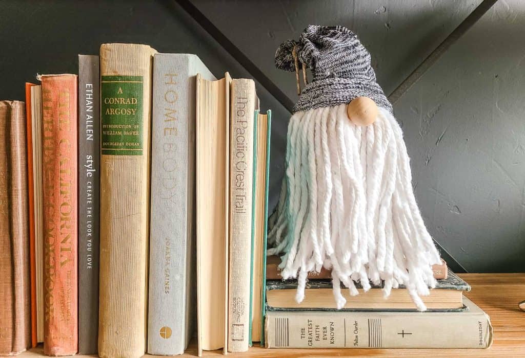 diy gnome on bookshelf with books