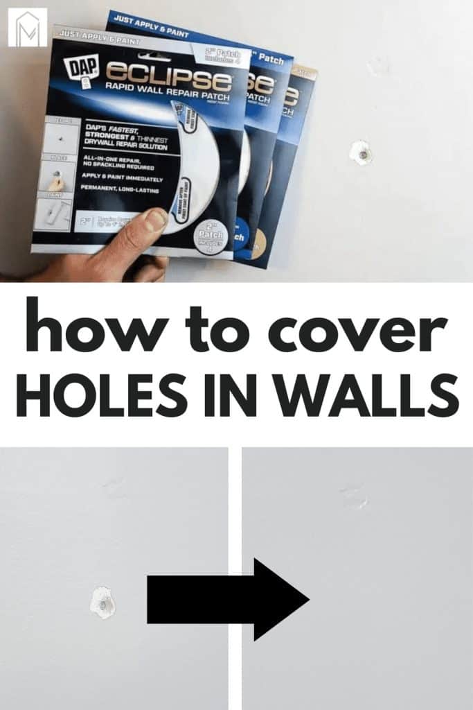 A collage of images shows a person holding three packages of DAP rapid wall repair kids, an image of a hole in the wall, and an after image of the repaired hole. Text across the center of the image reads "How to cover holes in walls"