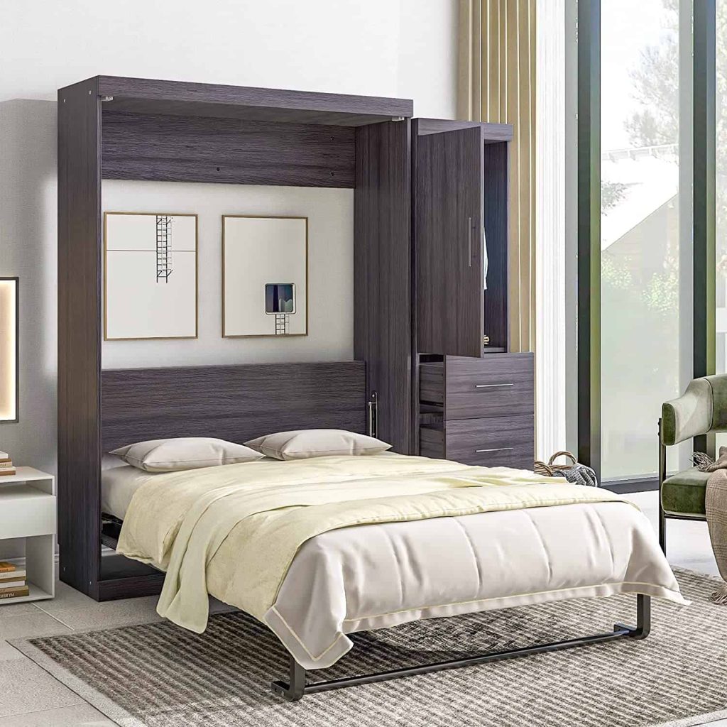 Affordable murphy bed with storage drawers and wardrobe on side with a mattress that folds ups to create more space on the floor
