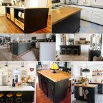 image collage of seven black kitchen islands