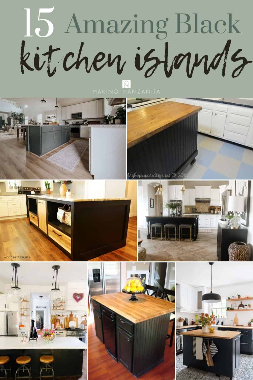 Image collage of seven black kitchen islands with text "15 amazing black kitchen islands"