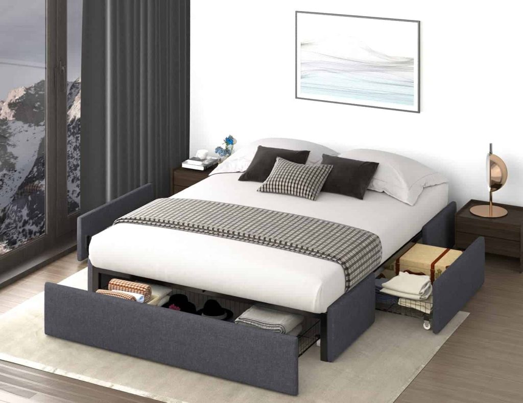 bed with storage drawers on both sides and at the foot