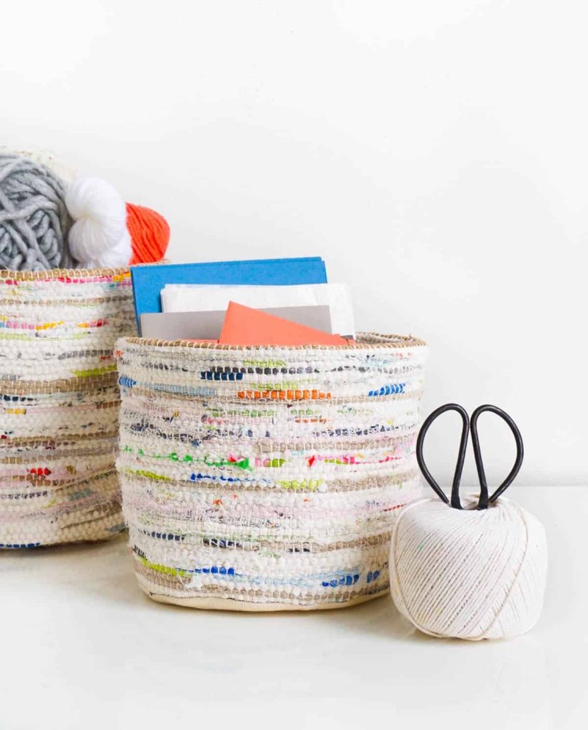 DIY rag rug storage bins for storing blankets