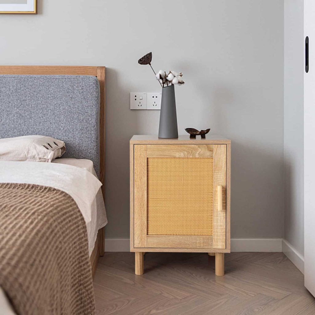 nightstand with cane webbing door storage