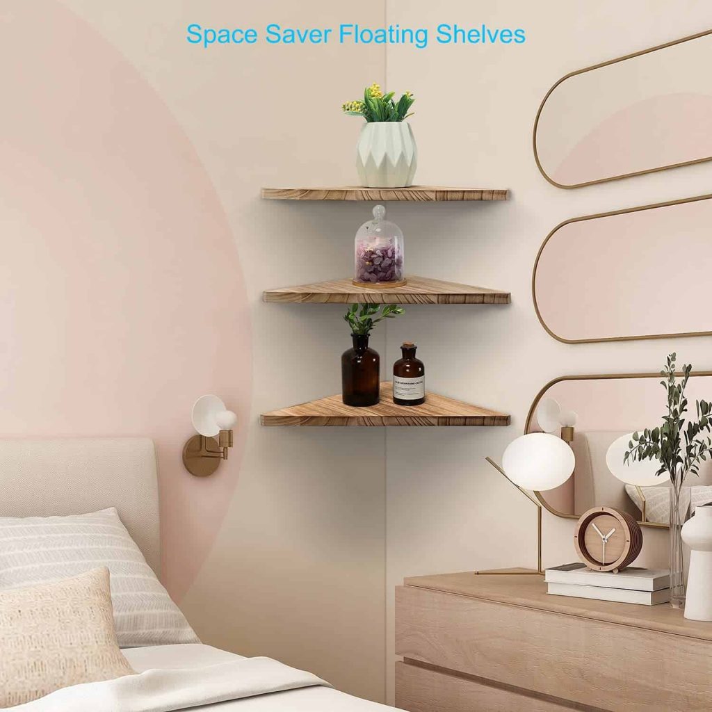 Using corner shelves saves a lot of space and allows you to take advantage of often under utilized storage space in your room