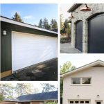 image collage of four painted garage doors with text " garage door paint color ideas"