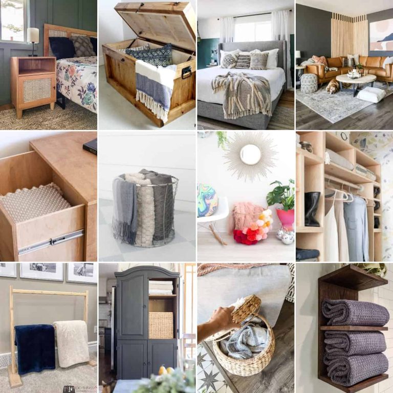 image collage of twelve ideas how to store blankets