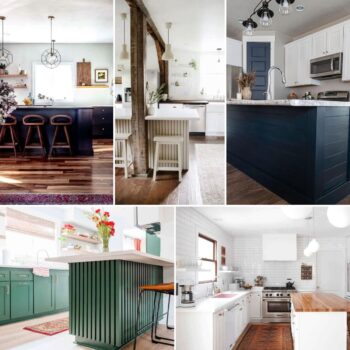 image collage of five painted kitchen islands