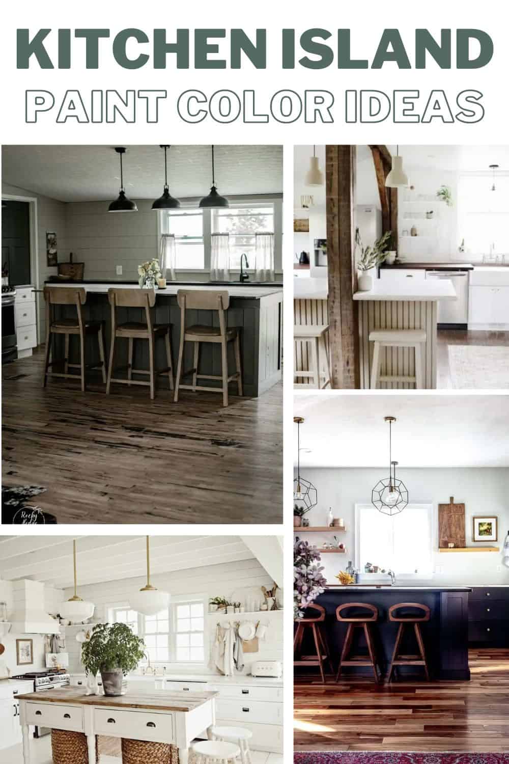 image collage of four kitchen island paint colors on islands with text overlay