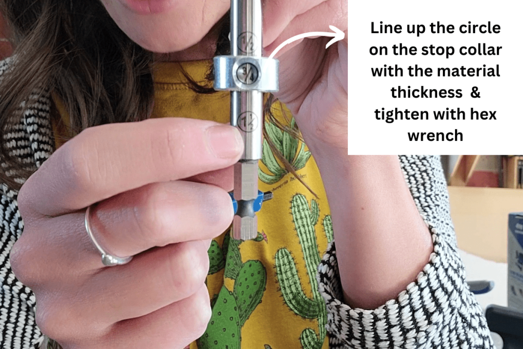 The stop collar is adjustable and easy to adjust on the Kreg Easy-Set drill bit. All you do is line up the circle on the stop collar with the material thickness and tighten it with the hex wrench