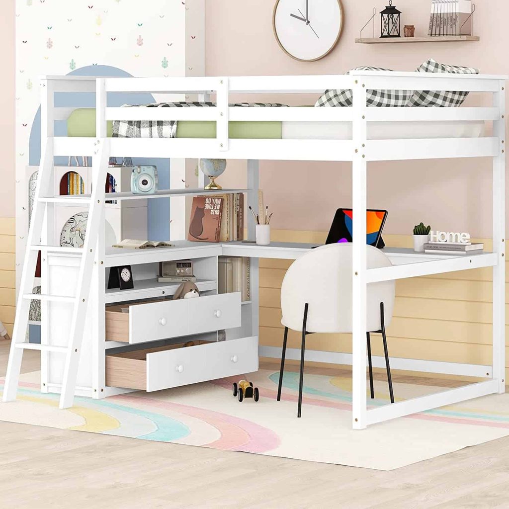 Loft bed for children's bedroom with dresser and desk on the bottom