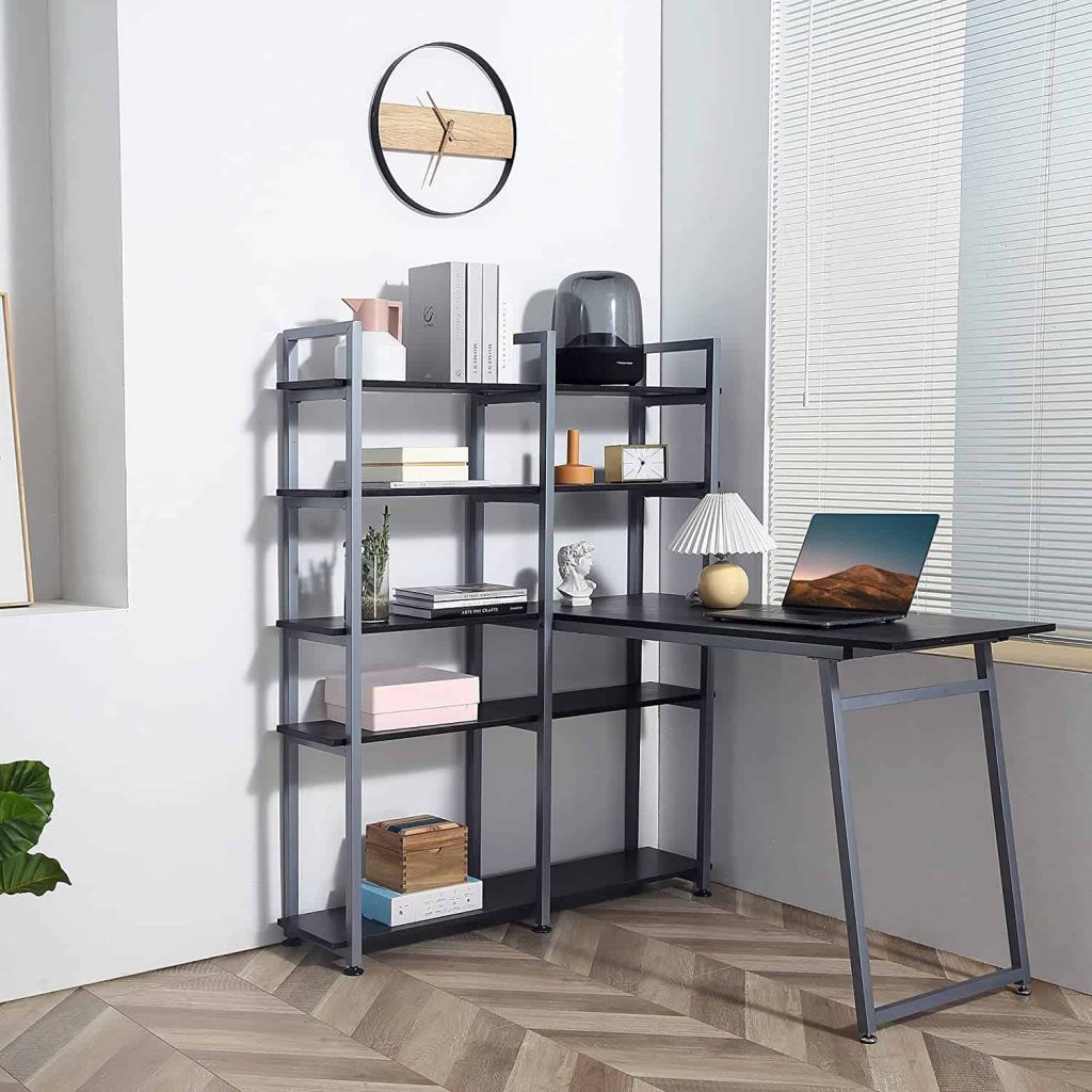 Shelving unit with a desk incorporated to put in the corner of a bedroom that also serves as a home office