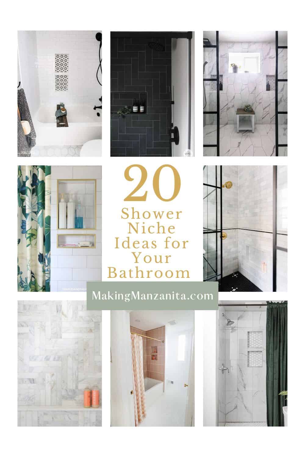 Image collage of eight shower niche ideas with text overlay 