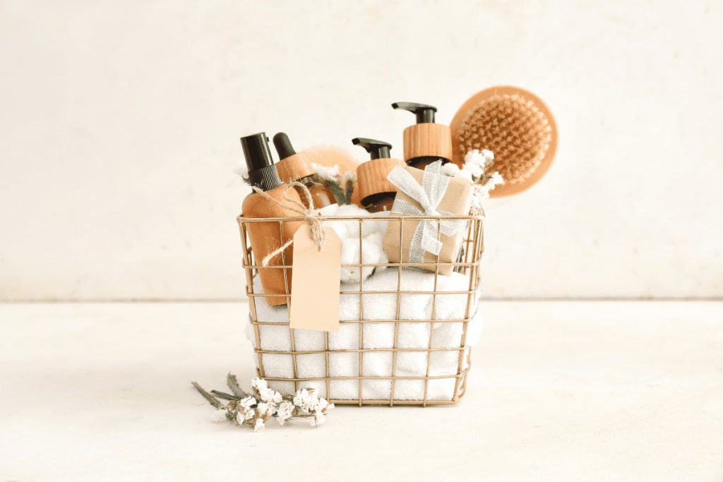 A basket with bathroom essentials is a great housewarming gift idea! 