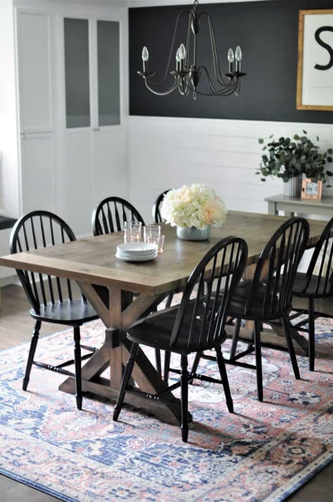 Little Black Dress paint color from BEHR Paint has blue undertones and looks great as an accent in a dining rooms with white wainscoting on the walls 