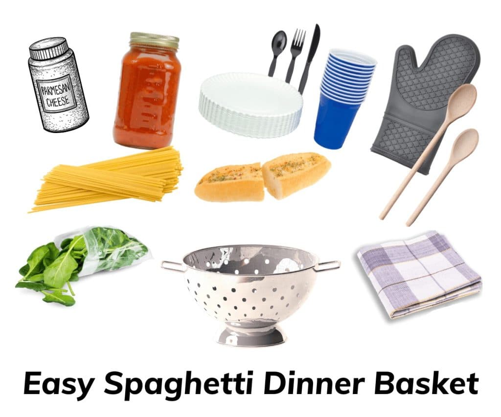 This Easy Spaghetti Dinner basket is perfect for someone that just moved into a new house and still getting things unpacked. Combine all of the ingredients into a strainer for an easy first dinner in their new house. 