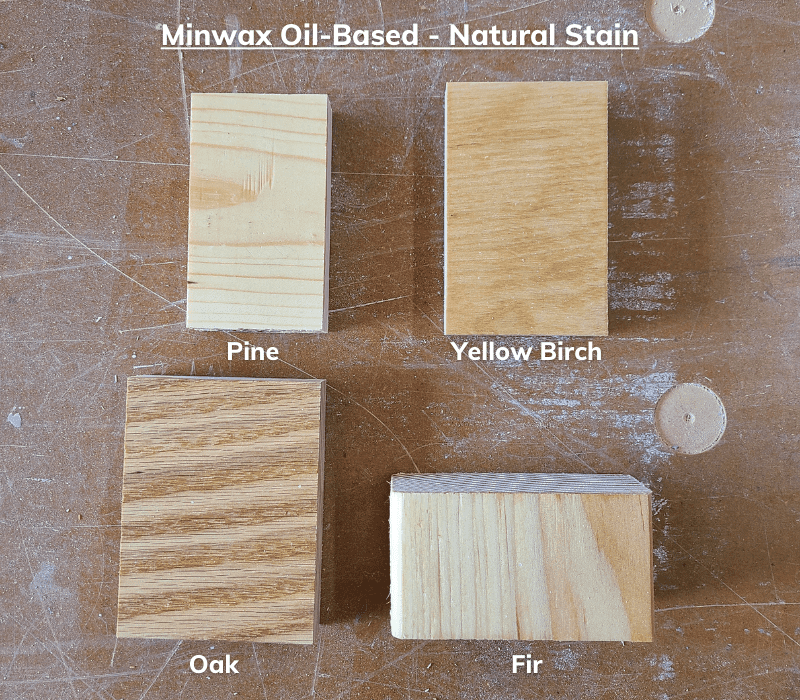 showing natural minwax stain on 4 different types of wood to show the effects that it has