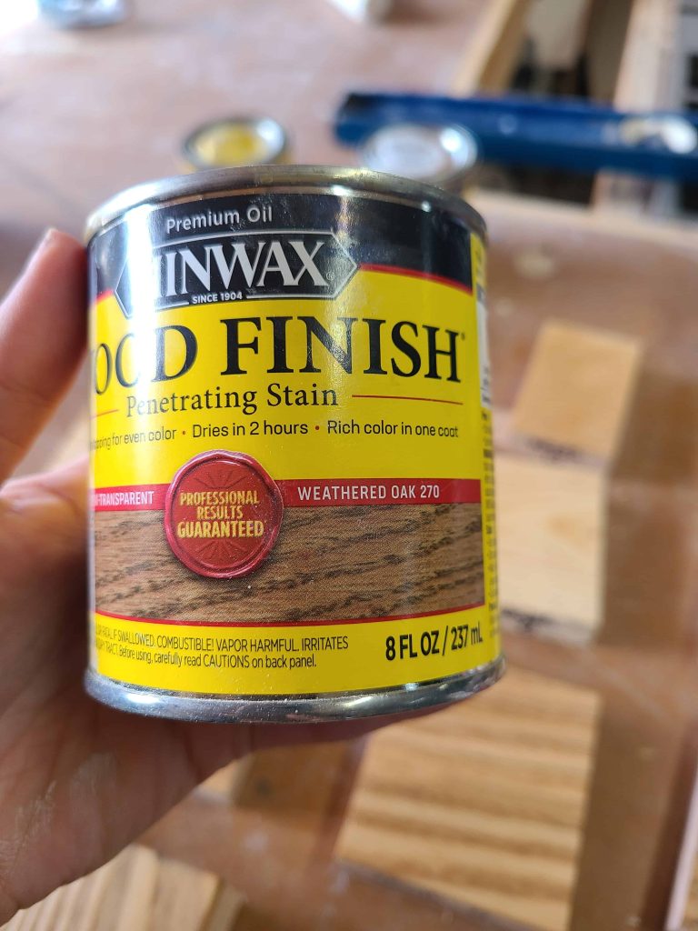 Weather oak stain by minwax is a great wood finish if you want to give your piece a distressed look