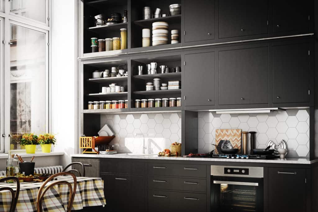 Behr Broadway is used as a bold and rich paint color on these kitchen cabinets in this modern kitchen