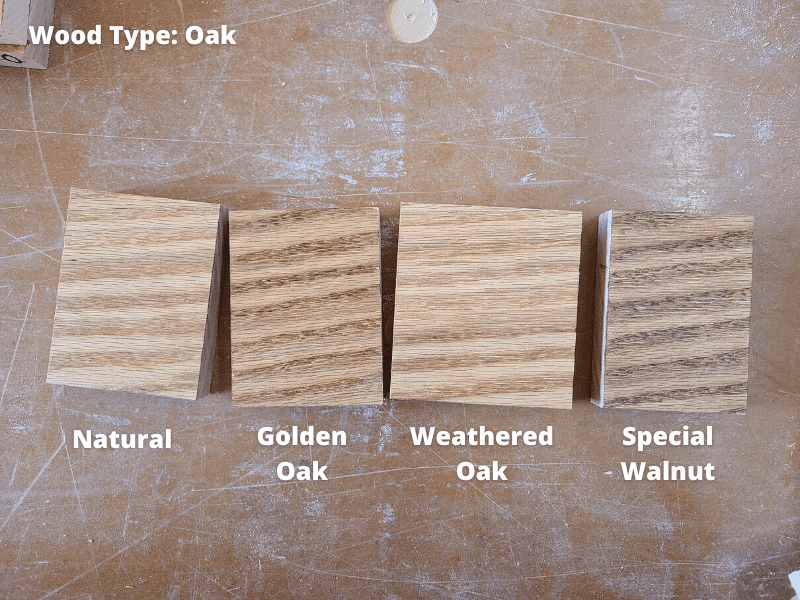 Here a single piece of oak cut into 4 pieces with four different types of light wood stain