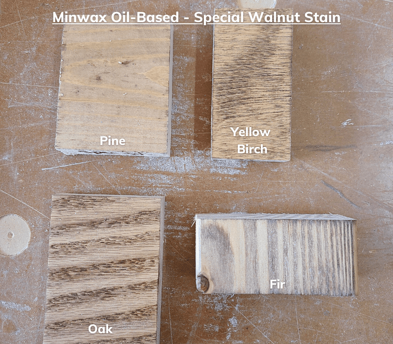 Special walnut light wood stain on 4 different types of wood to show the contrast