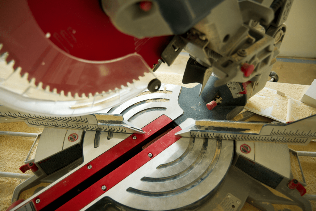The saw blade on the miter saw rotates to make angled cuts, which is very useful for woodworking projects