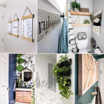 image collage of six bathroom wall decor ideas