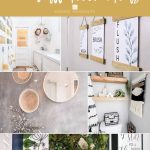 Image collage of seven bathroom wall decor ideas with text overlay