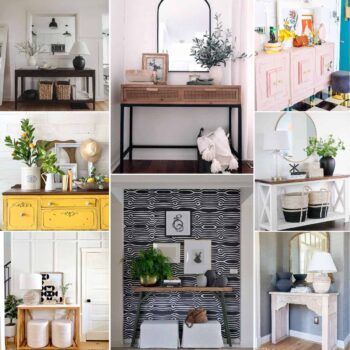 image collage of eight entryway table decor ideas