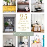 Image collage of eight decorated console tables with text overlay " 25 ideas to decorate your entryway table"