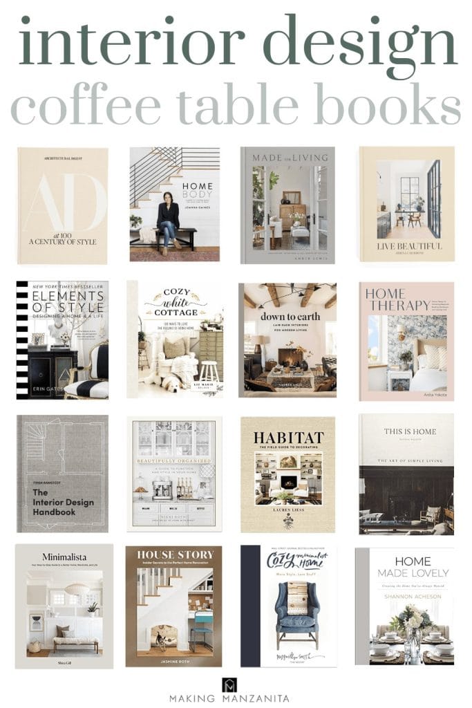 Collage of 20 coffee table books with an interior design theme