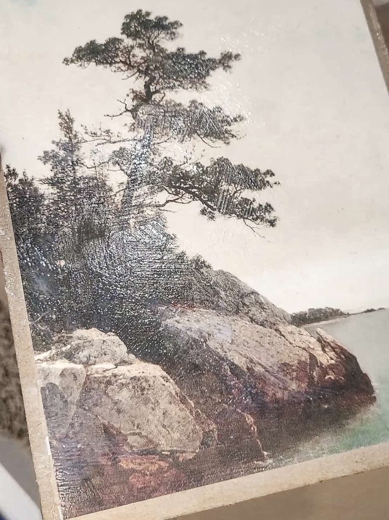 showing the undried mod podge texture on the print in order to show how it starts look like a painting