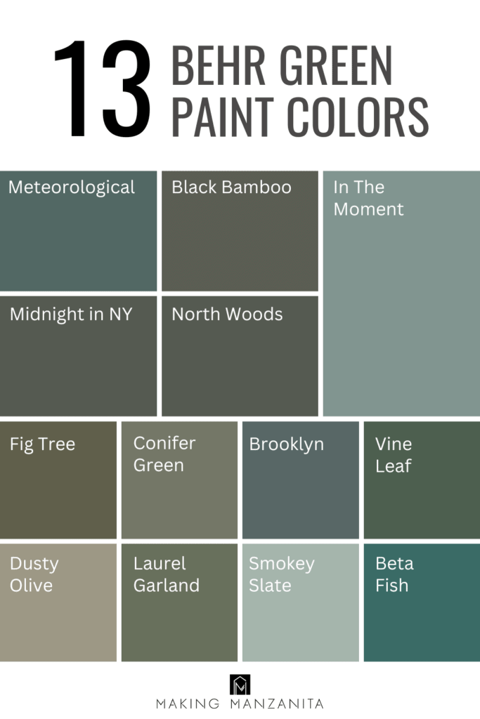 13 different behr green paint colors labeled including meteorological, black bamboo, in the moment, midnight in ny, north woods, fig tree, conifer greens, brooklyn, vine leaf, dusty olive, laurel green, smokey slate and beta fish